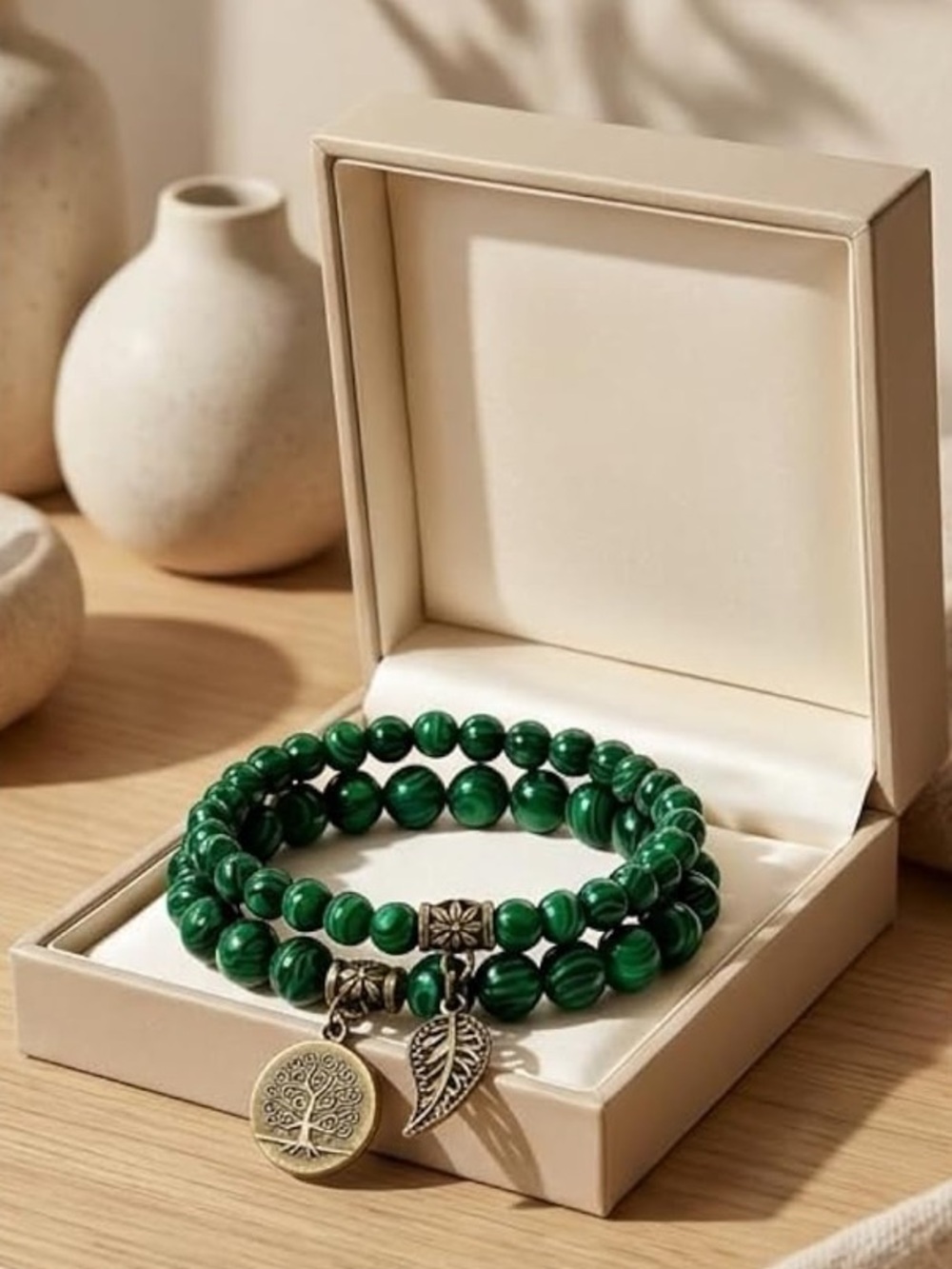 🆕New Malachite Crystal Tree of Life Bracelet-Natural Gemstone & Leaf & Charm